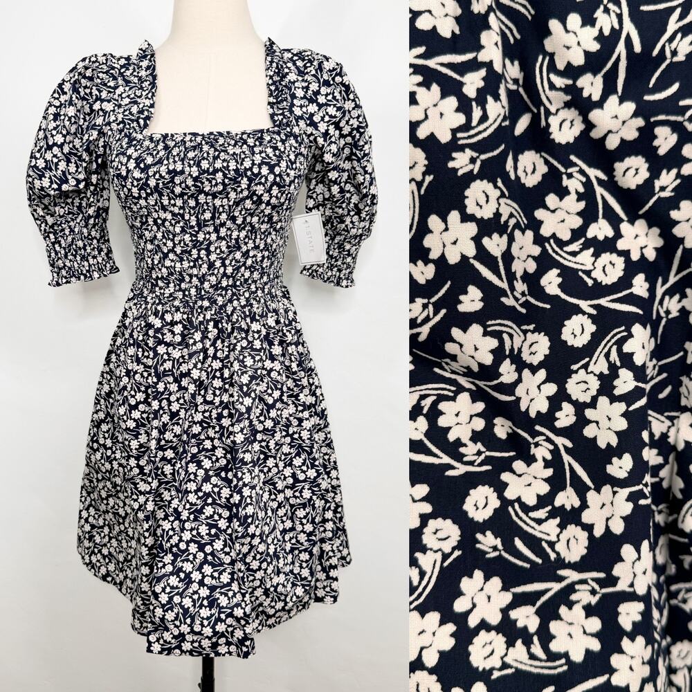 NWT 1. State Ditsy Floral Dress Blue Smocked Milkmaid Cottagecore Girly Size XS